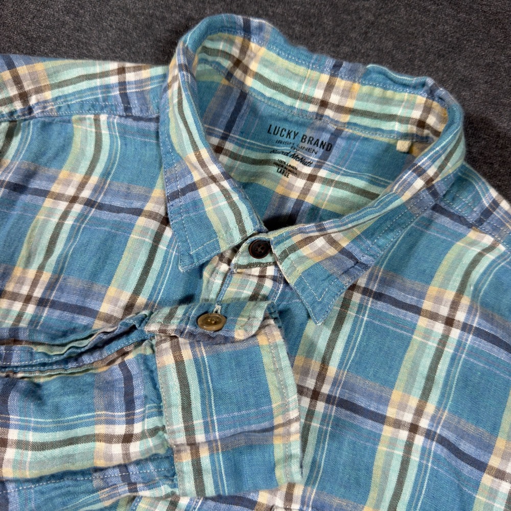 Lucky Brand Irish Linen‎ Shirt Mens Large Blue Plaid Baird McNutt Long Sleeve L
